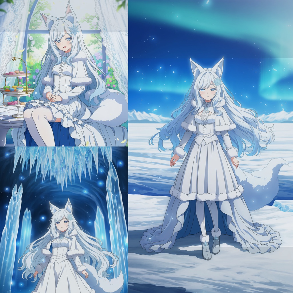 白銀狐姫の氷花庭園｜雪狐イラスト壁紙3枚セット