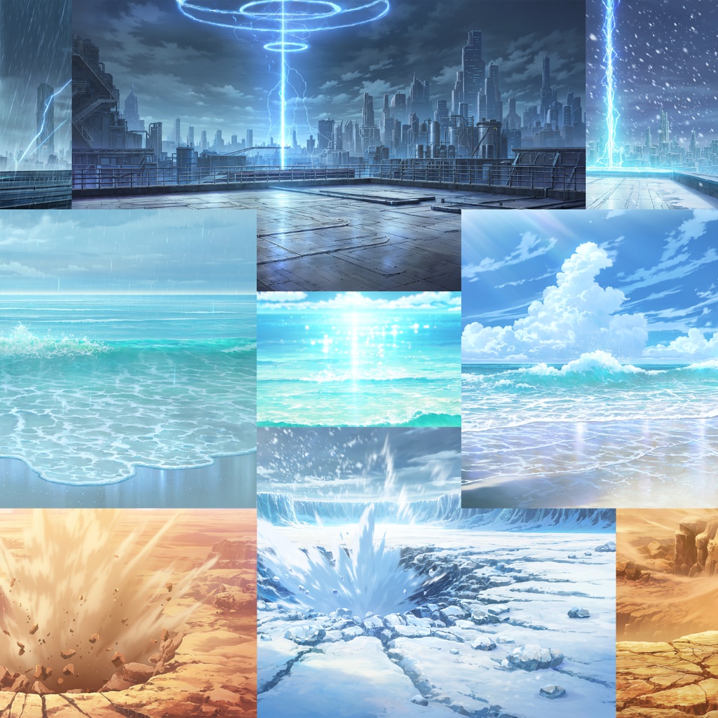 幻想戦場背景素材集|海・雨・雪・砂嵐・雷 9枚セット