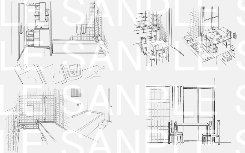 畳部屋・キッチン・廊下・庭・風呂セット/28カット