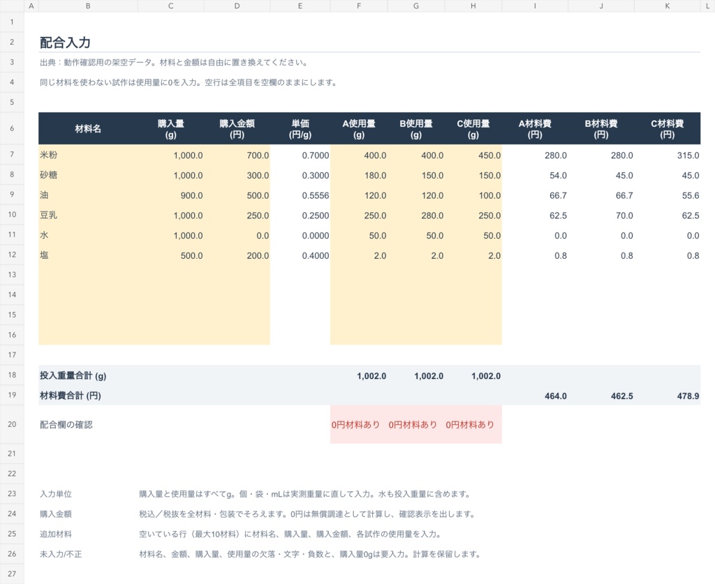 菓子・加工食品の試作3案比較シート|配合・出来上がり量・費用を比較【Excel/β版】