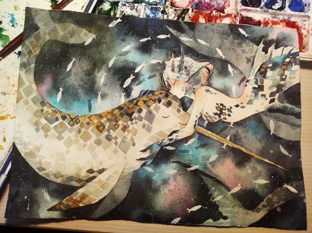 【水彩原画】イッカクと海のドラゴン