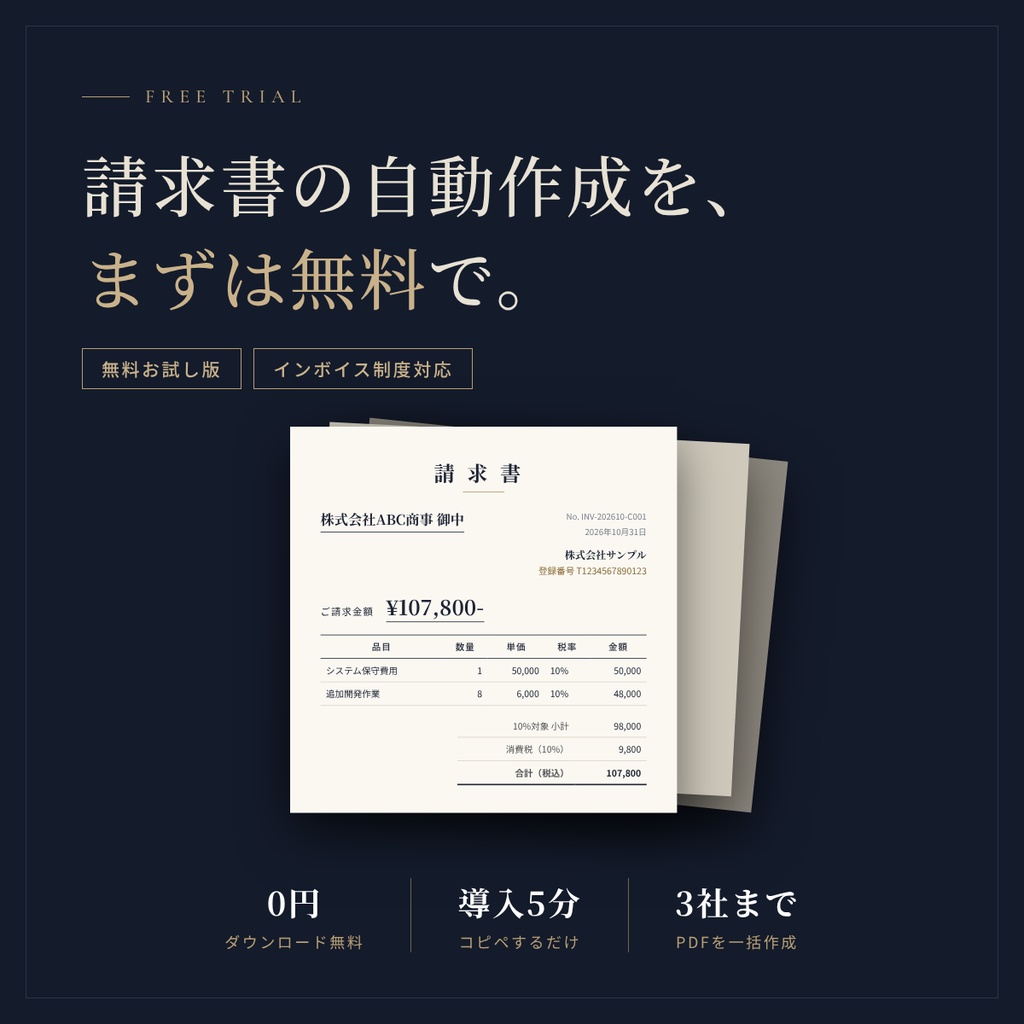【無料お試し版】請求書を自動作成・PDF化｜インボイス対応 Googleスプレッドシート用ツール