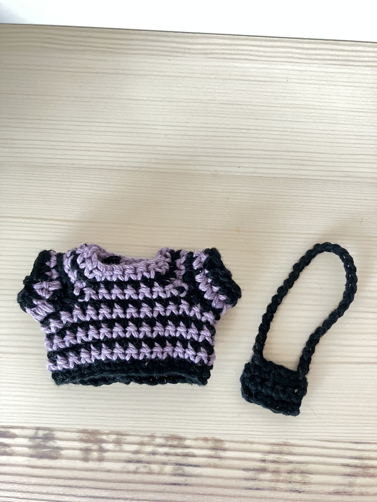 10cmぬい用ぬい服&ポシェット2点セット(紫×黒ボーダー)