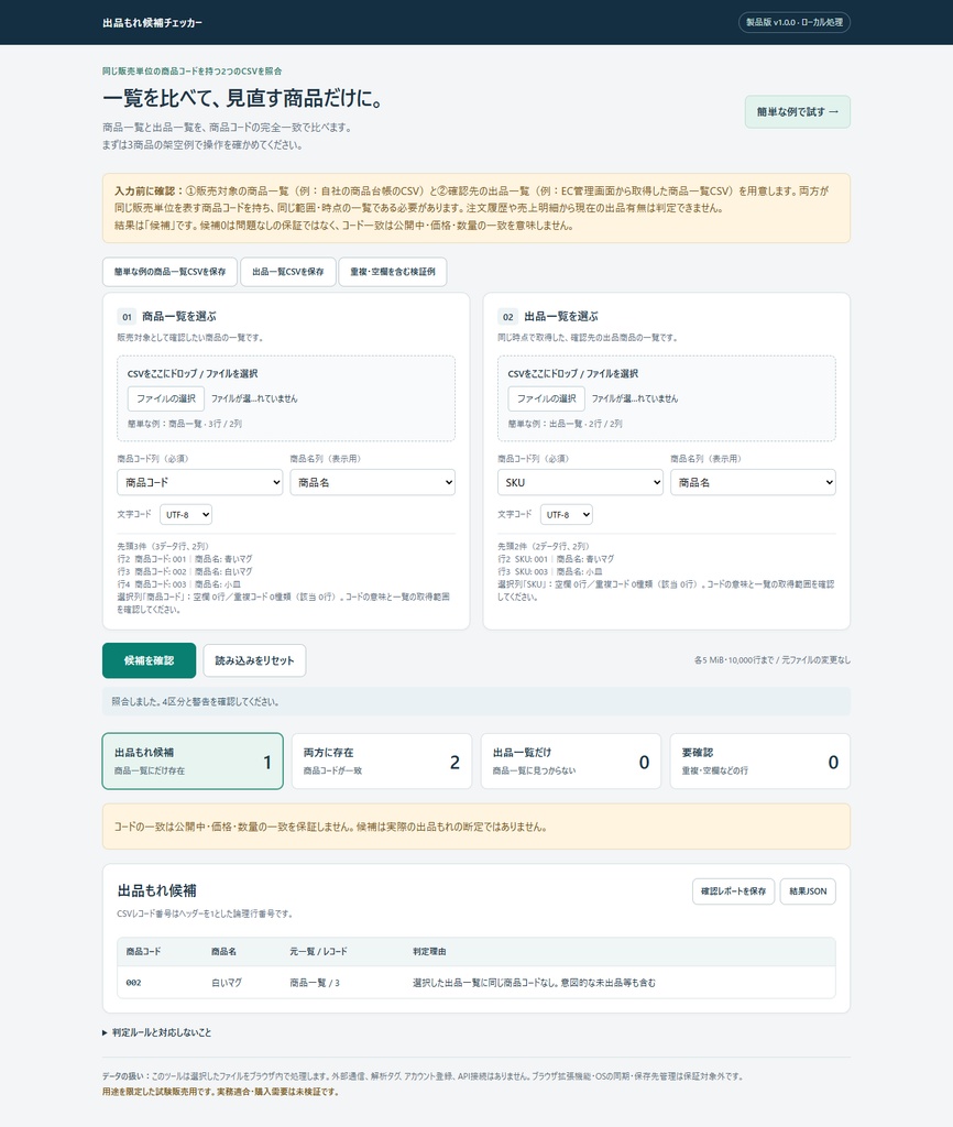 出品もれ候補チェッカー|2つの商品CSVをコードで照合