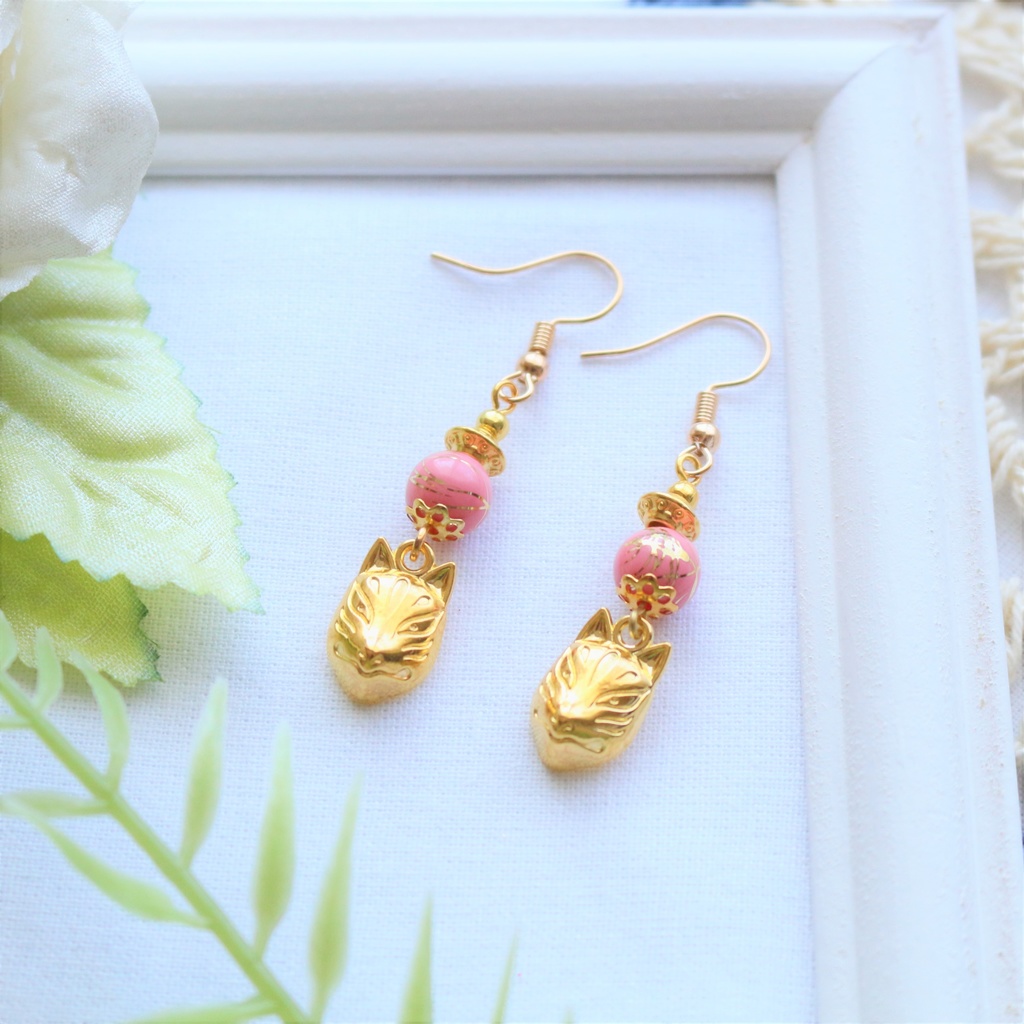 狐面 ピンク イヤリング・ピアス