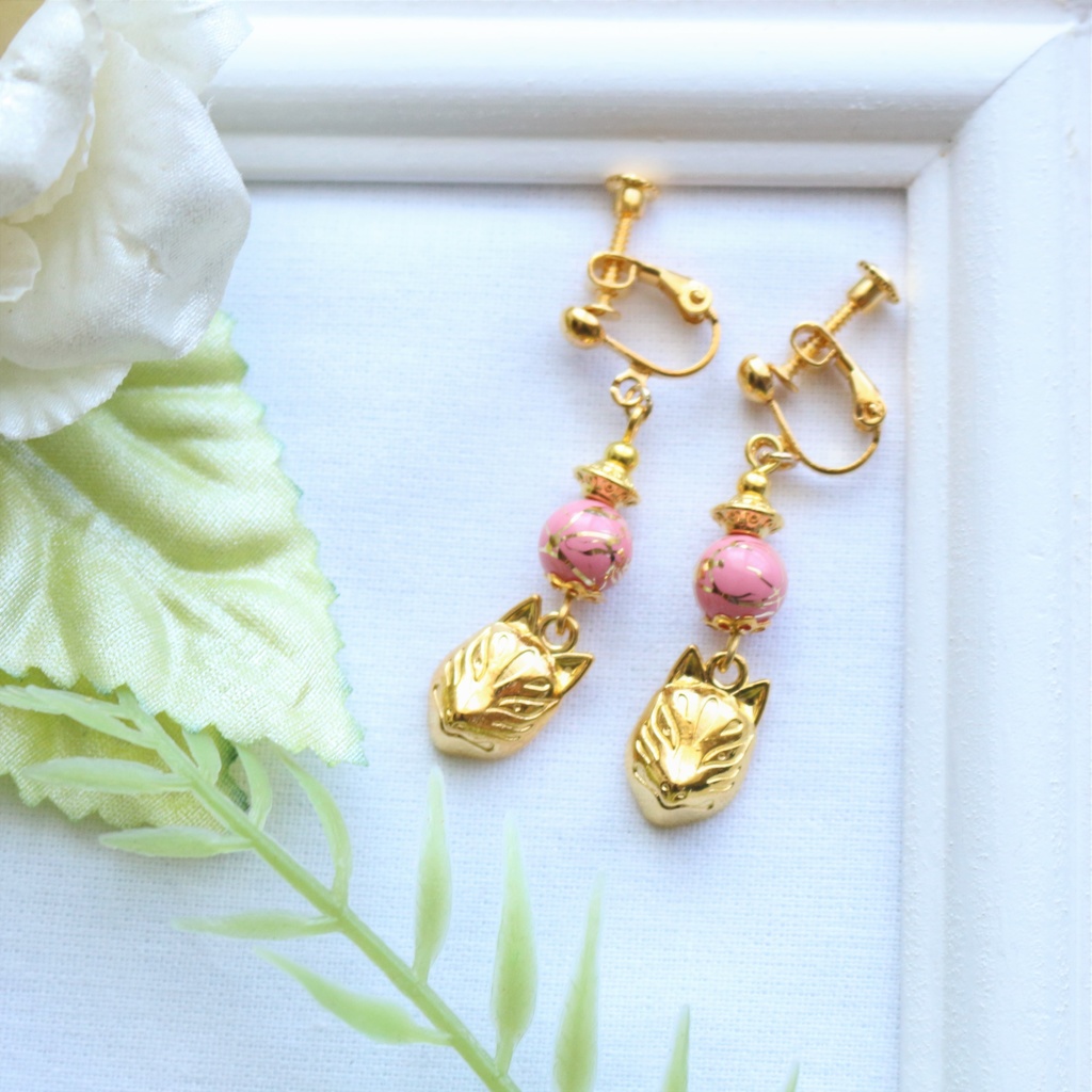 狐面 ピンク イヤリング・ピアス