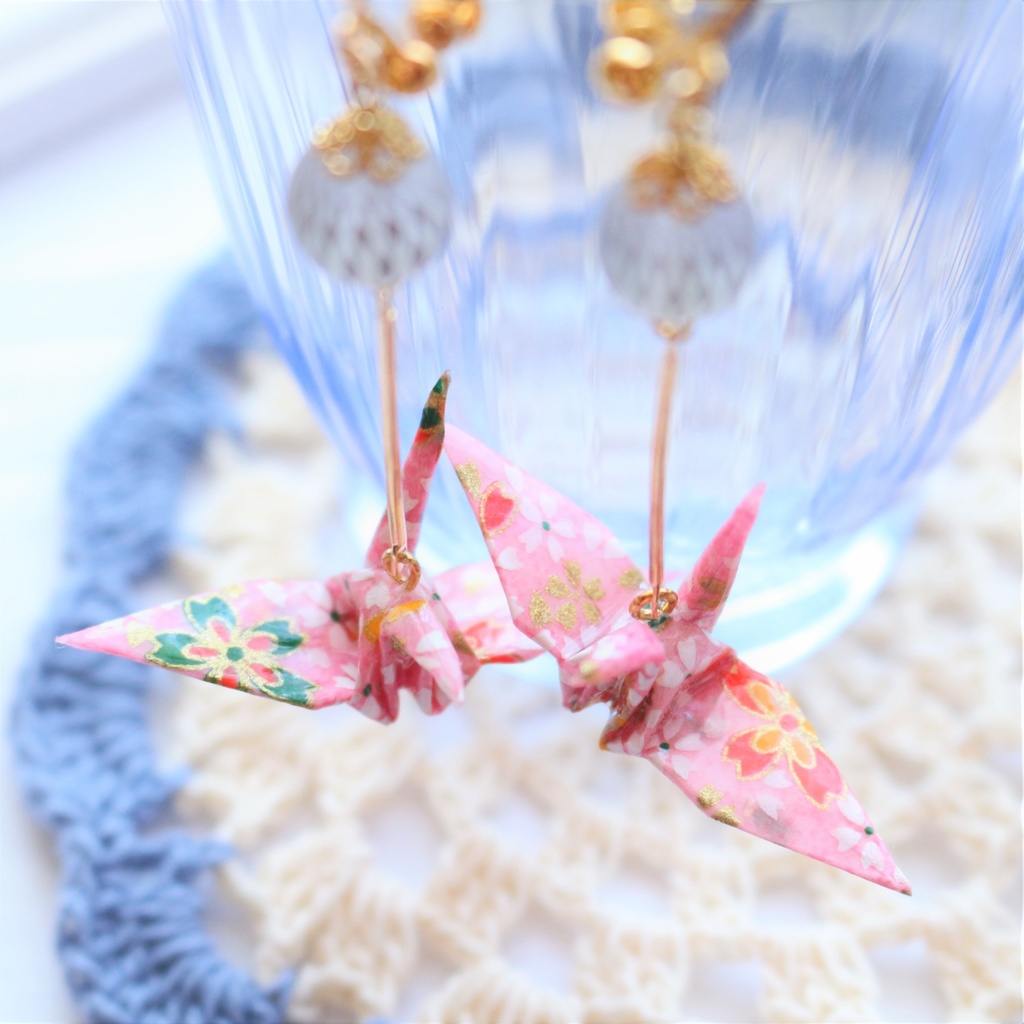 折り鶴 イヤリング ピンク ピアス変更可能 65