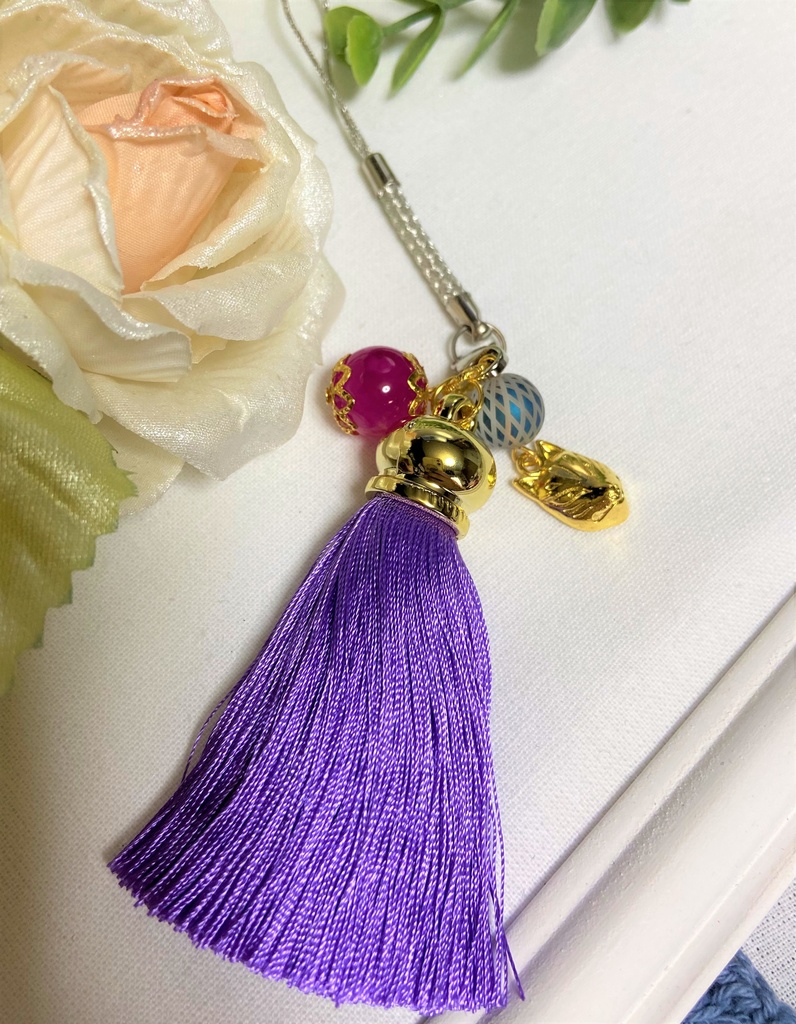 狐面 桜アゲートストラップ 紫房