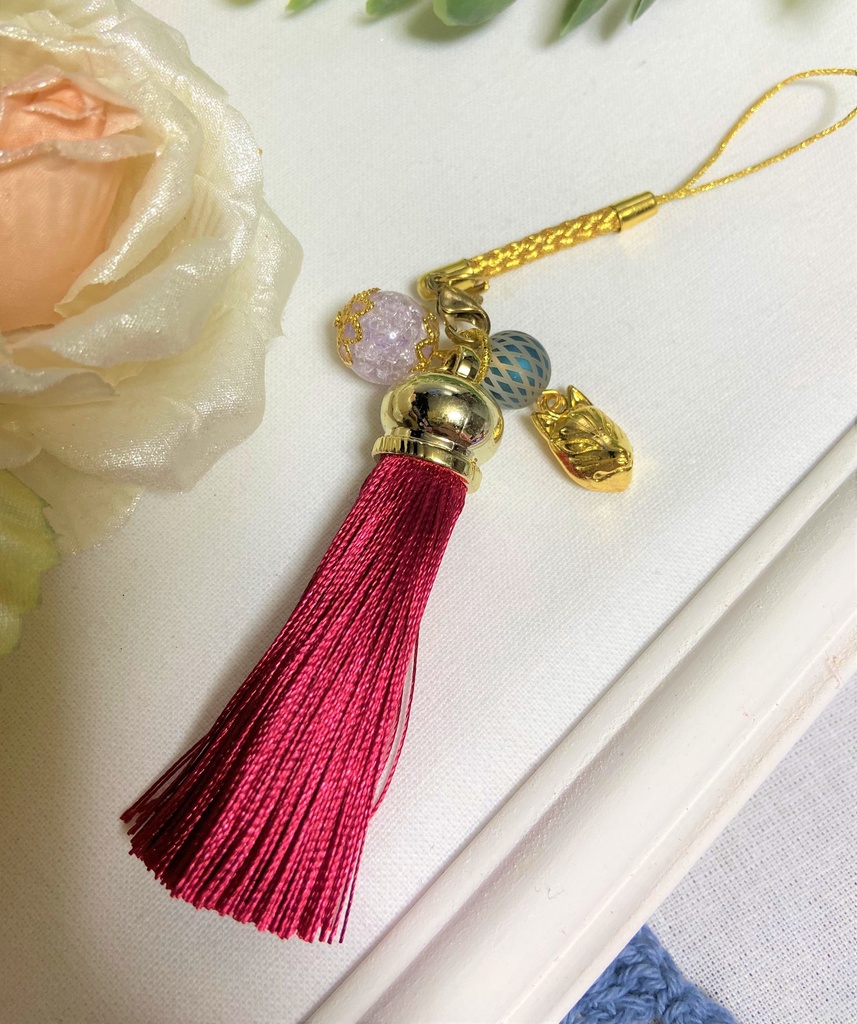 狐面 クラック水晶ストラップ 赤房