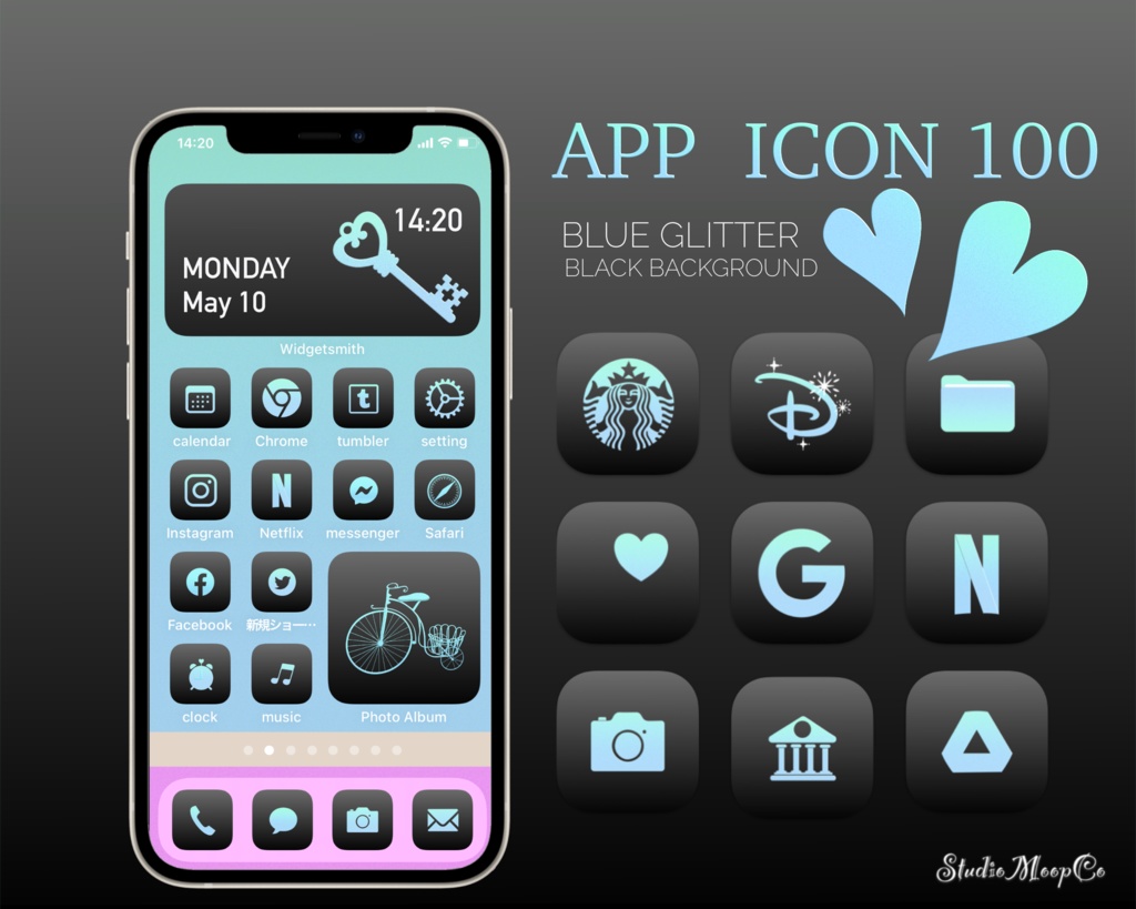 Blue glitter icon 100 BLACK background