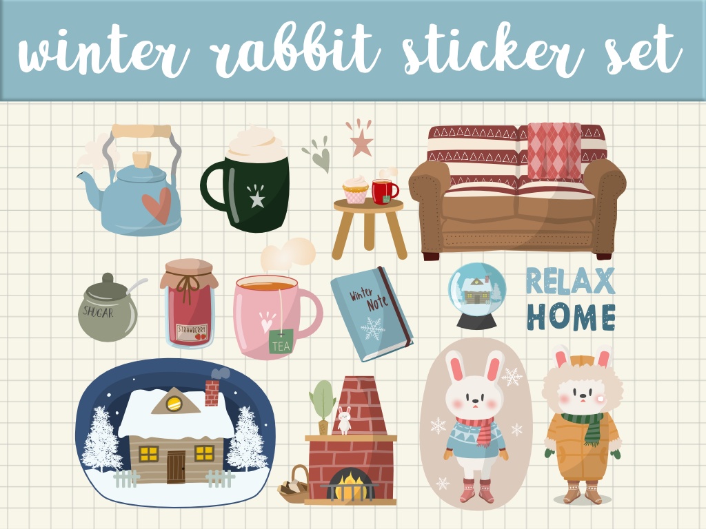 winter rabbit material digital sticker set ,冬うさぎデジタルステッカーセット
