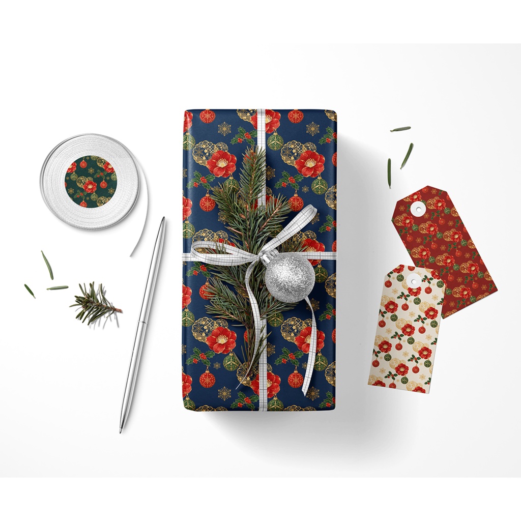 雪輪と椿のクリスマス|和風デジタルペーパー6色セット / Japanese Christmas Paper