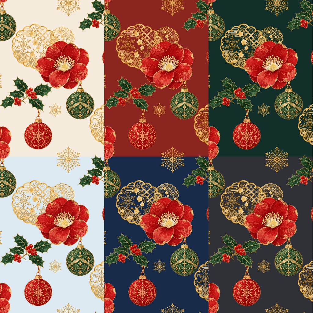 雪輪と椿のクリスマス|和風デジタルペーパー6色セット / Japanese Christmas Paper