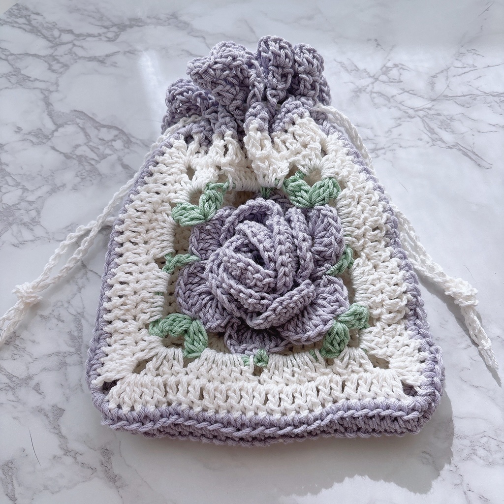 薄パープル薔薇の巾着