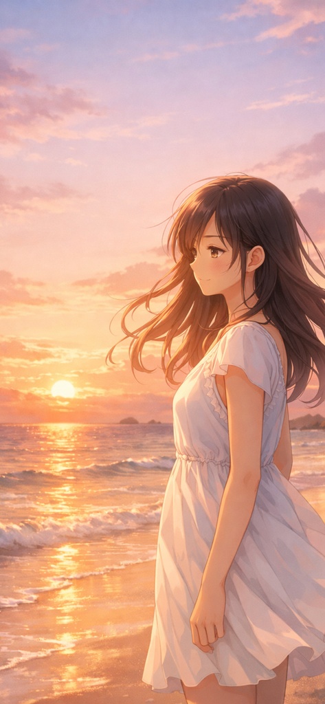 【iPhone壁紙】エモいAIアート3枚セット｜夕焼け×少女