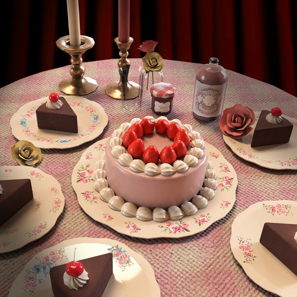 ピンクテーブル・ケーキセット（3Dモデル/素材）