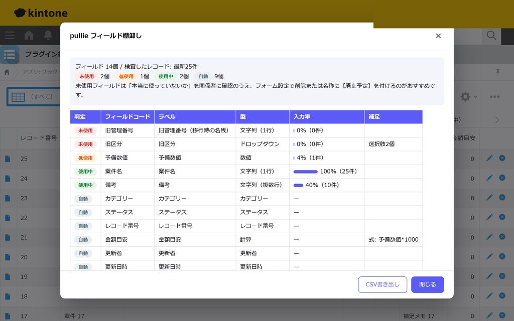 pullie フィールド棚卸し｜kintone対応 未使用フィールドを1クリックで見つけるプラグイン