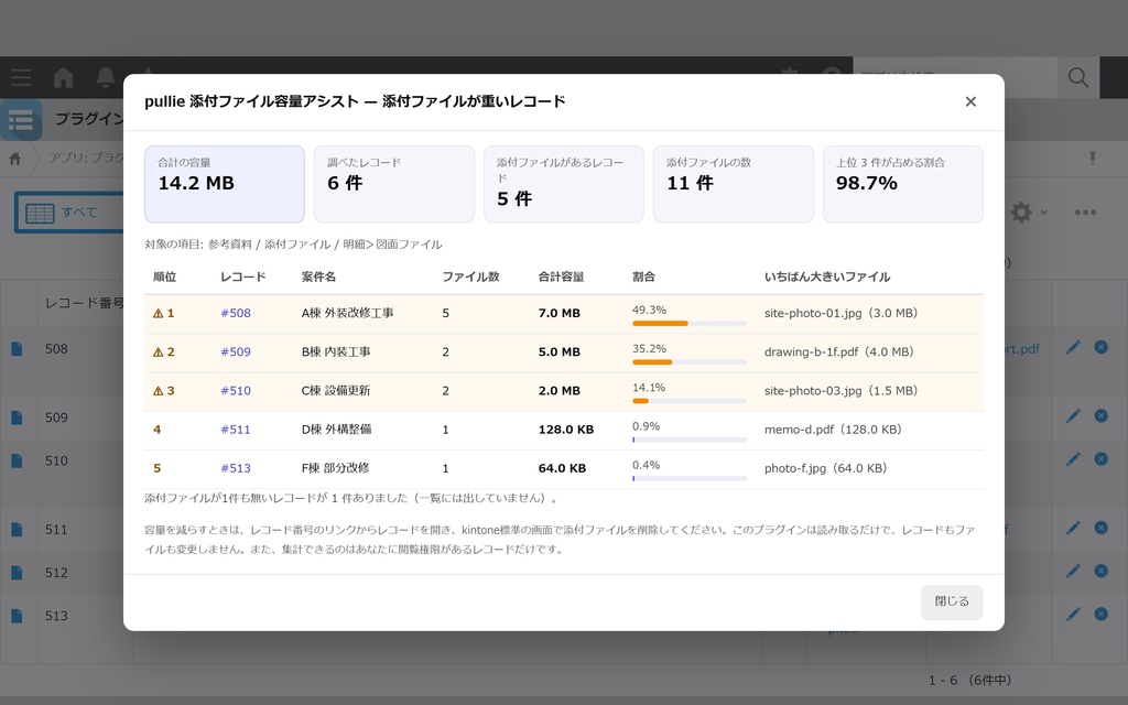 pullie 添付ファイル容量アシスト｜kintone対応 添付ファイルが重いレコードを一覧にします