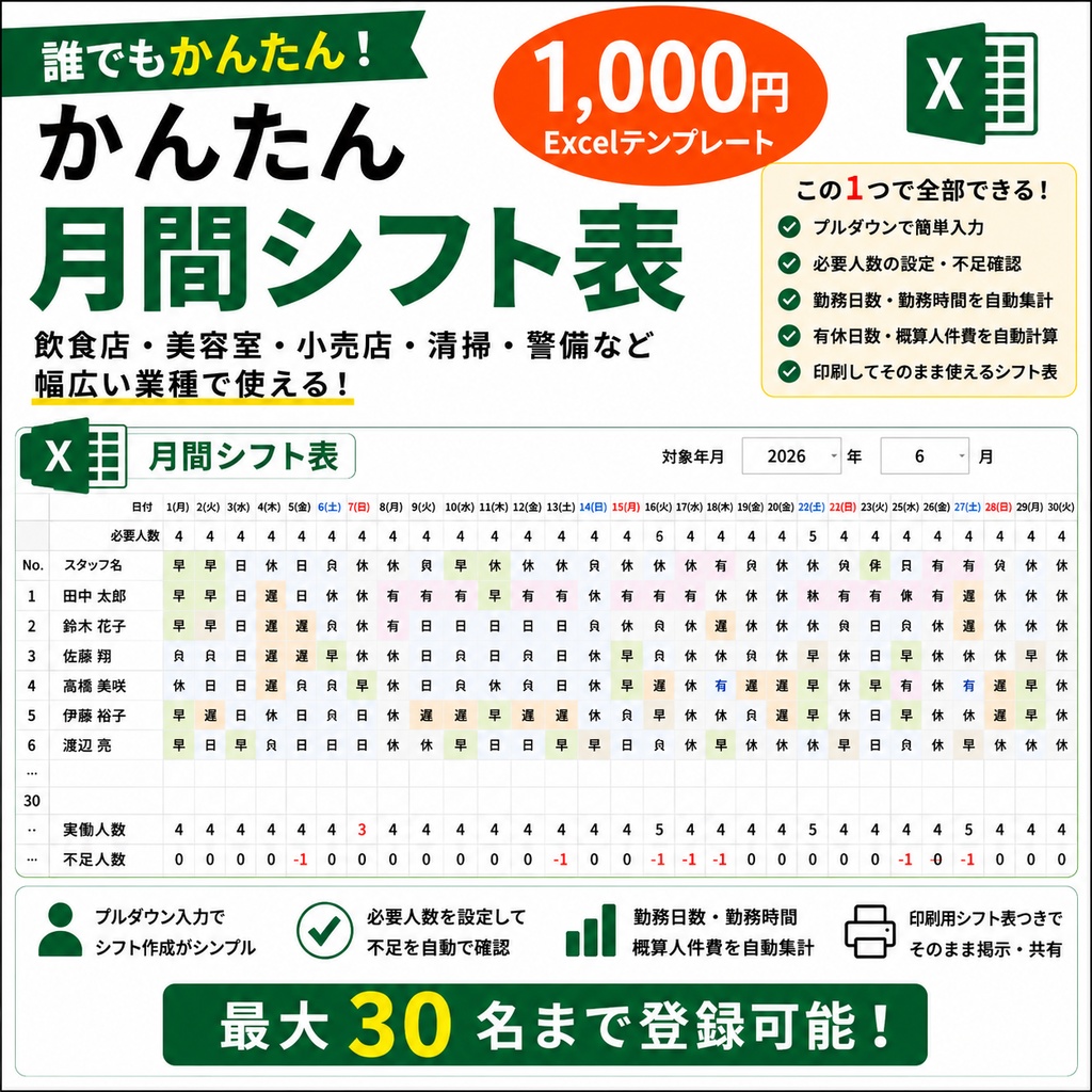 月間シフト表　Excel｜最大30名対応・不足人数も自動確認