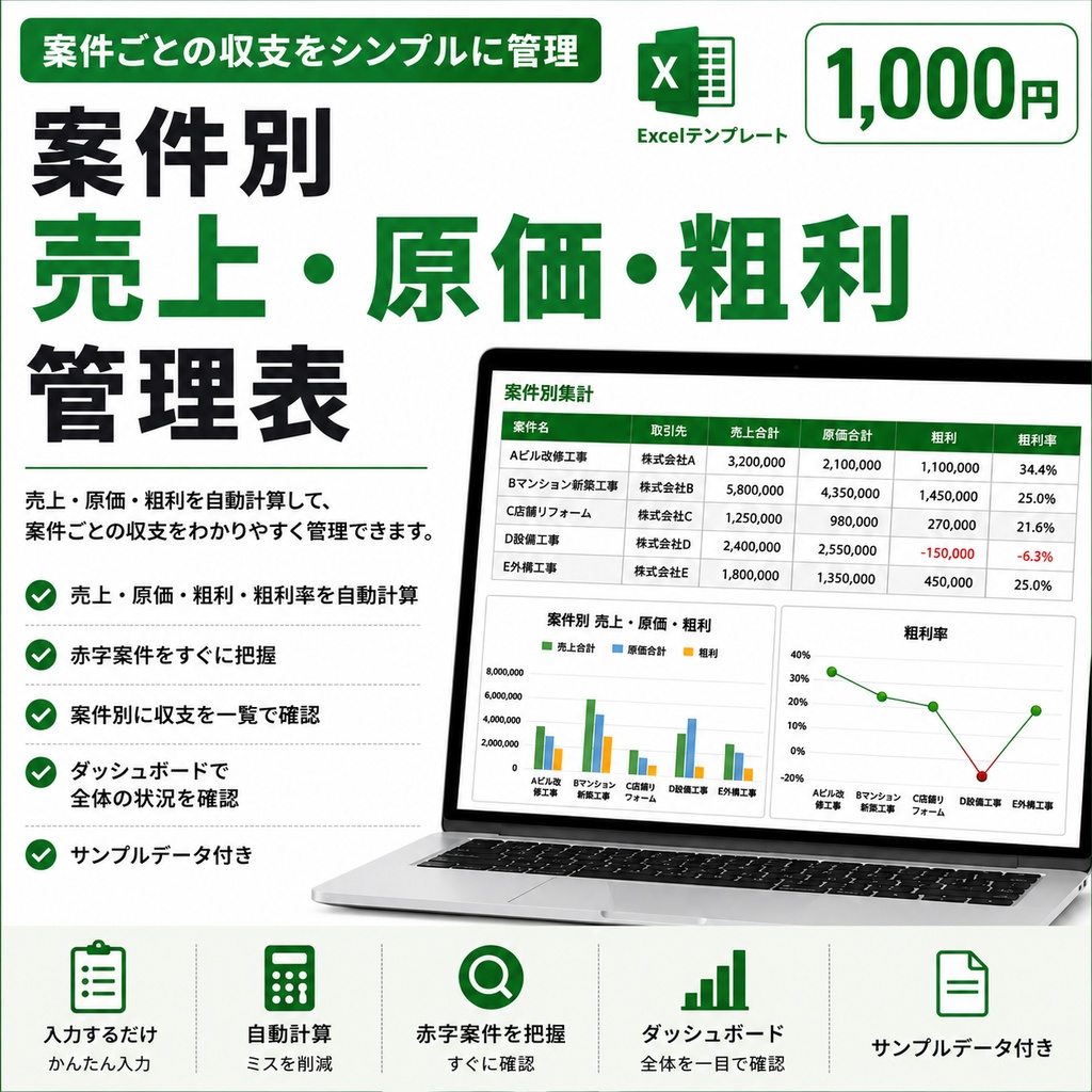 案件別 売上・原価・粗利管理表 Excel|利益・粗利率を自動計算