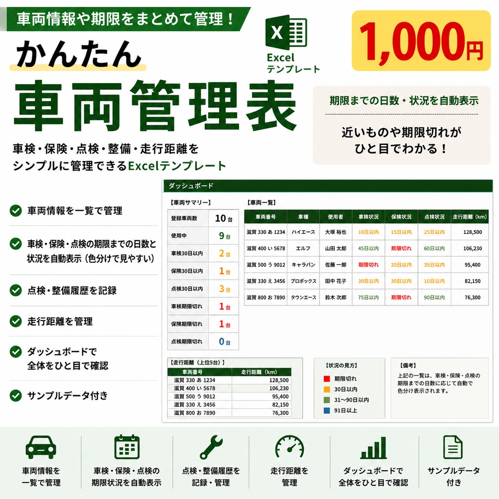 車両管理表　Excel｜車検・保険・点検期限を自動確認
