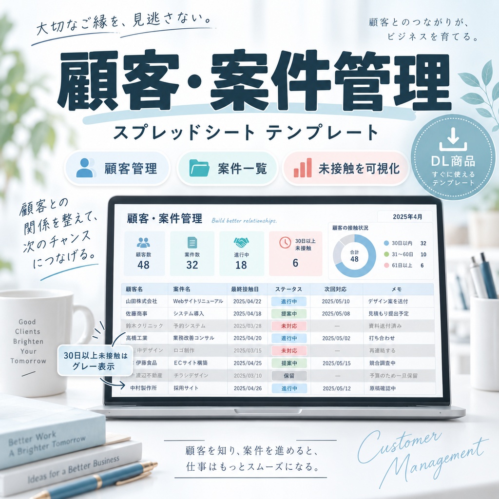 【Excel/スプレッドシート】顧客・案件管理テンプレート｜次に連絡すべき顧客が自動で分かる