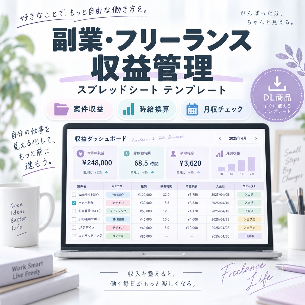 【Excel/スプレッドシート】副業・フリーランス収益管理テンプレート｜実質時給まで自動計算