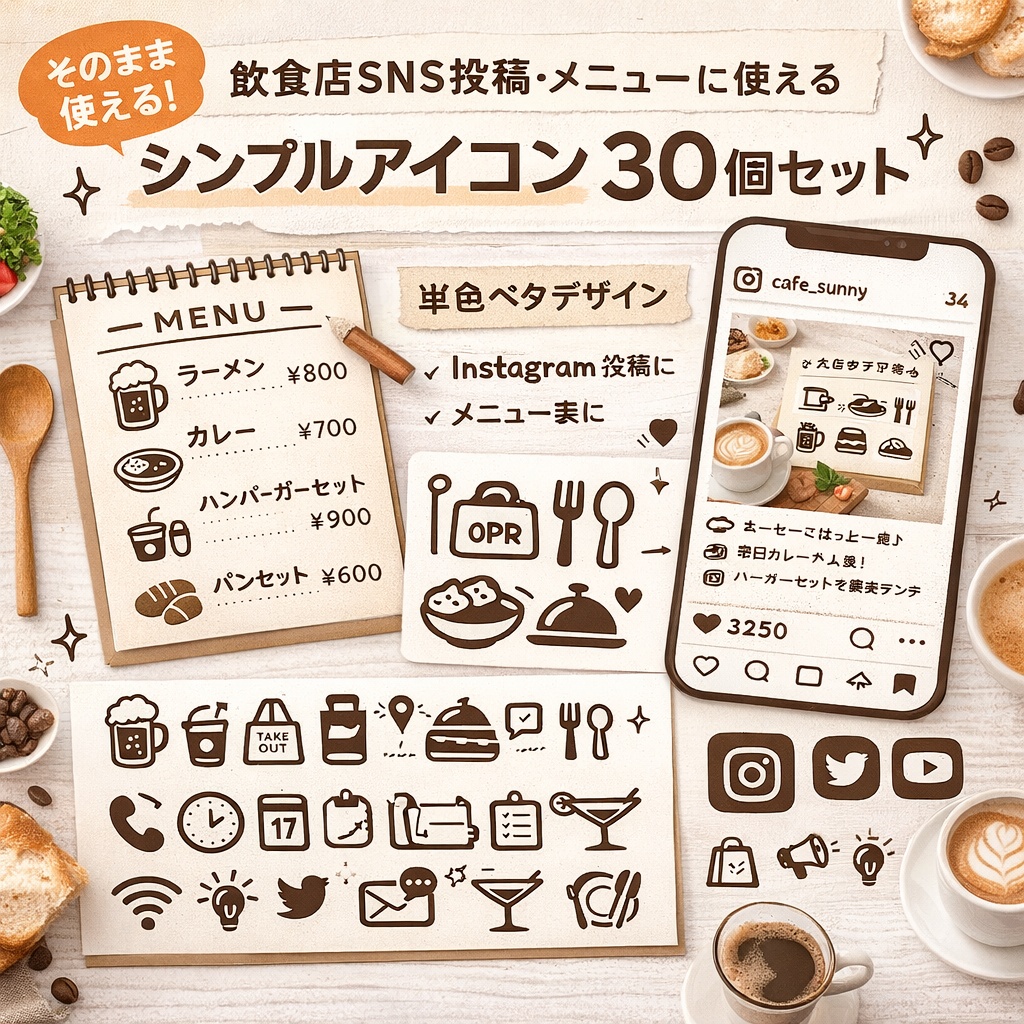 飲食店SNS投稿・メニューに使えるシンプルアイコン30個セット・透過PNG
