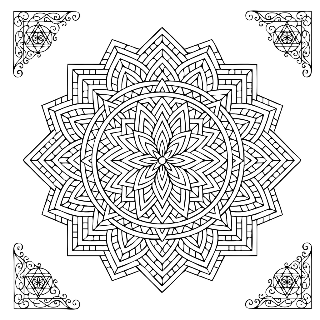 Three sample coloring pages and one usage example (free) from the adult coloring book "Sacred Geometry Coloring Book for Adults: Mystical Patterns for Relaxation and Mindfulness"