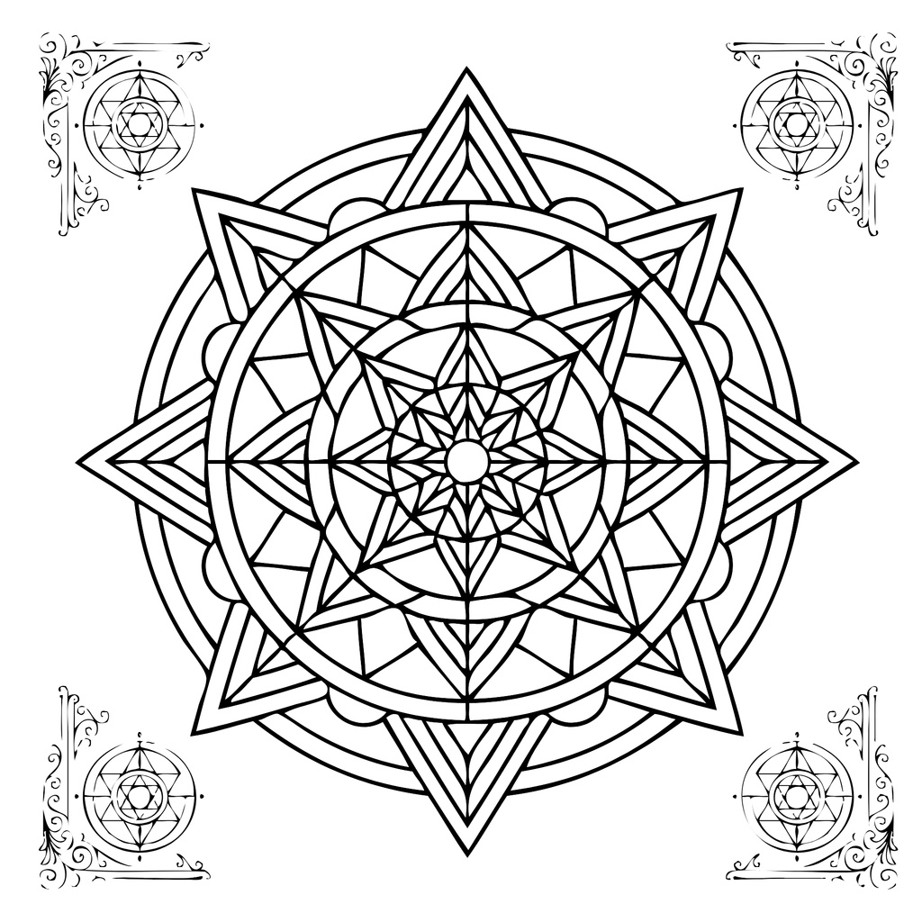 Three sample coloring pages and one usage example (free) from the adult coloring book "Sacred Geometry Coloring Book for Adults: Mystical Patterns for Relaxation and Mindfulness"