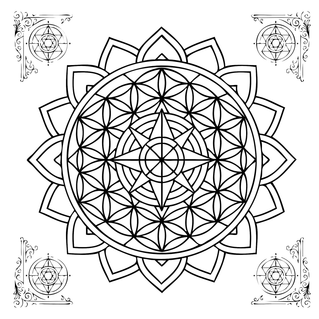 Three sample coloring pages and one usage example (free) from the adult coloring book "Sacred Geometry Coloring Book for Adults: Mystical Patterns for Relaxation and Mindfulness"