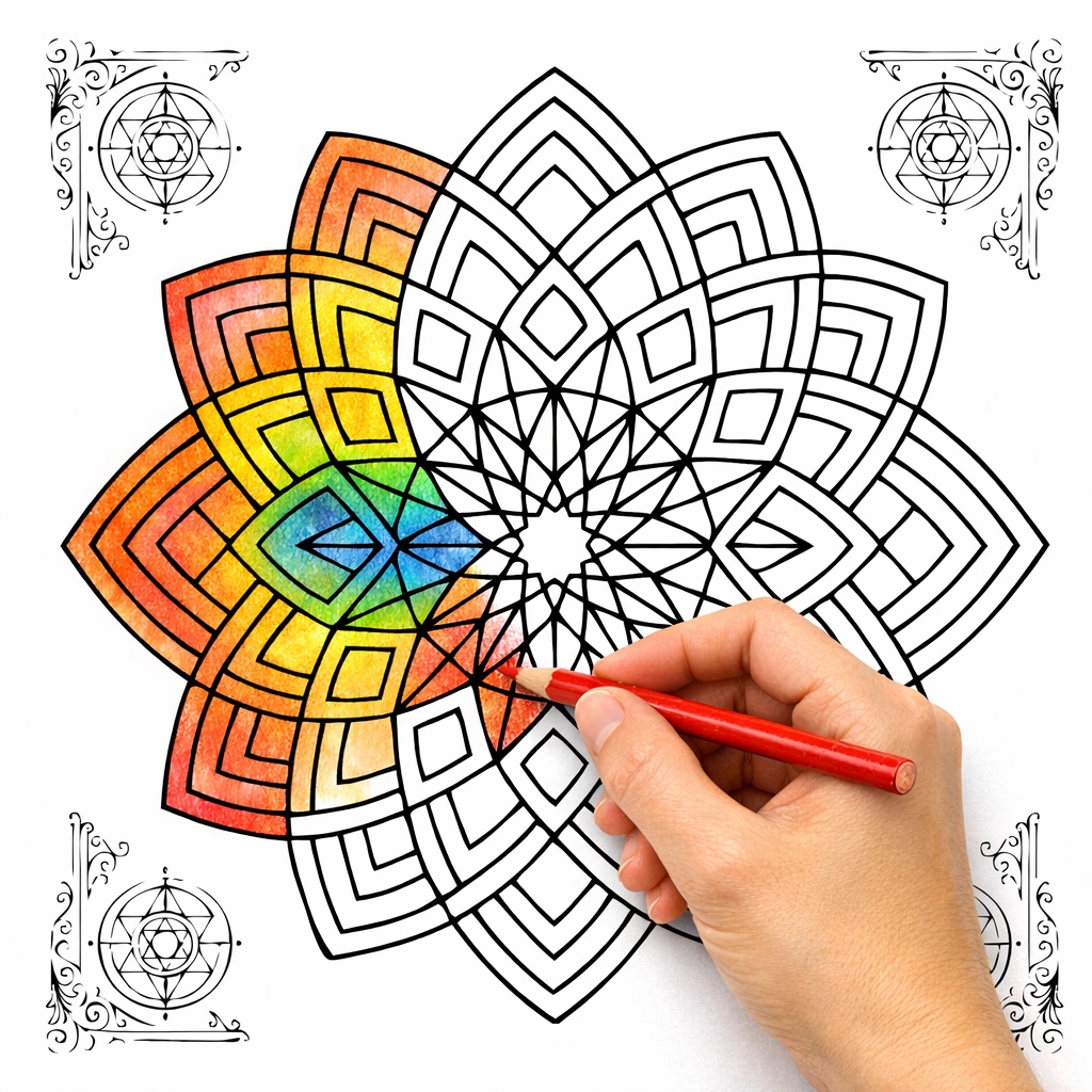 Three sample coloring pages and one usage example (free) from the adult coloring book "Sacred Geometry Coloring Book for Adults: Mystical Patterns for Relaxation and Mindfulness"