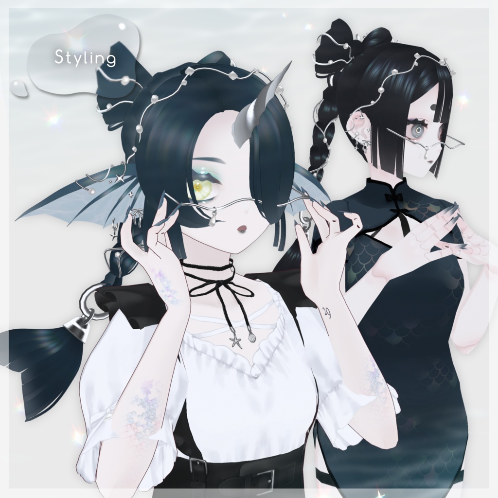 【VRoid髪型】Wire Pearl Accessory + Mermaid Ponytail Set(ワイヤーパールアクセサリー+マーメイドポニーセット)