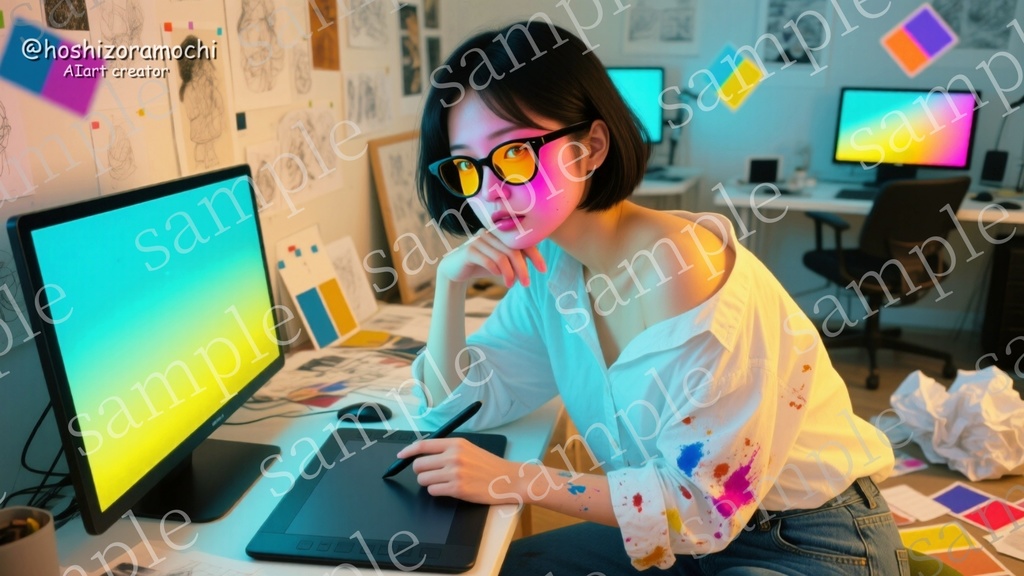 グラフィックデザインの世界で輝く女性たち|創造の現場を切り取った10枚の物語【AI画像素材集】