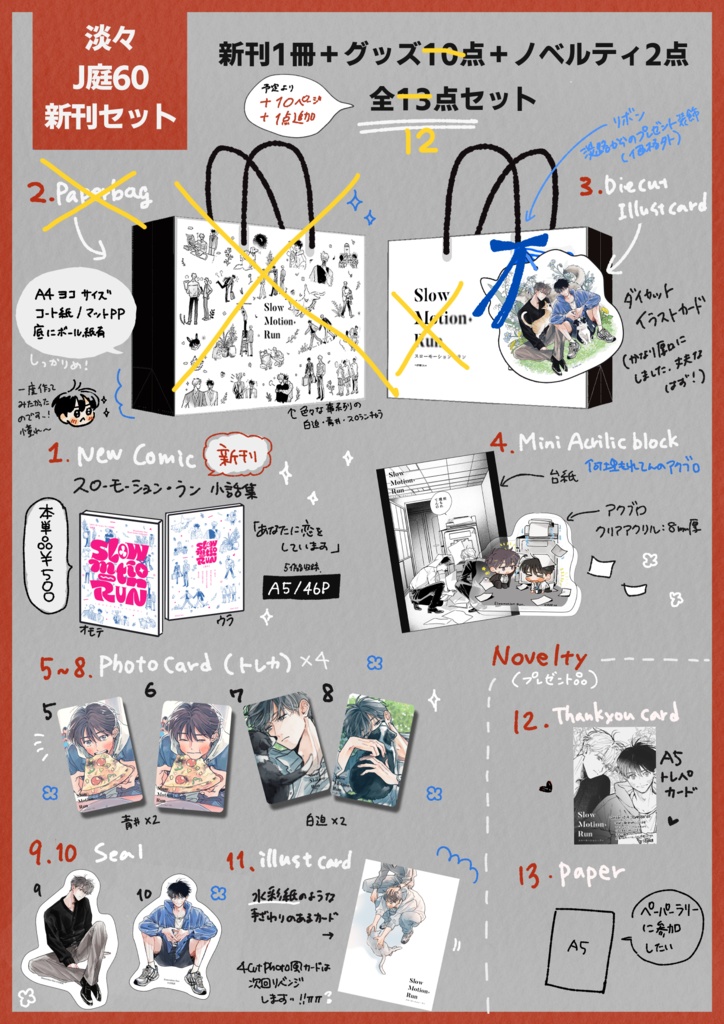 【J庭60/淡々新刊セット/※紙袋無し】スローモーション・ラン小話集+グッズ