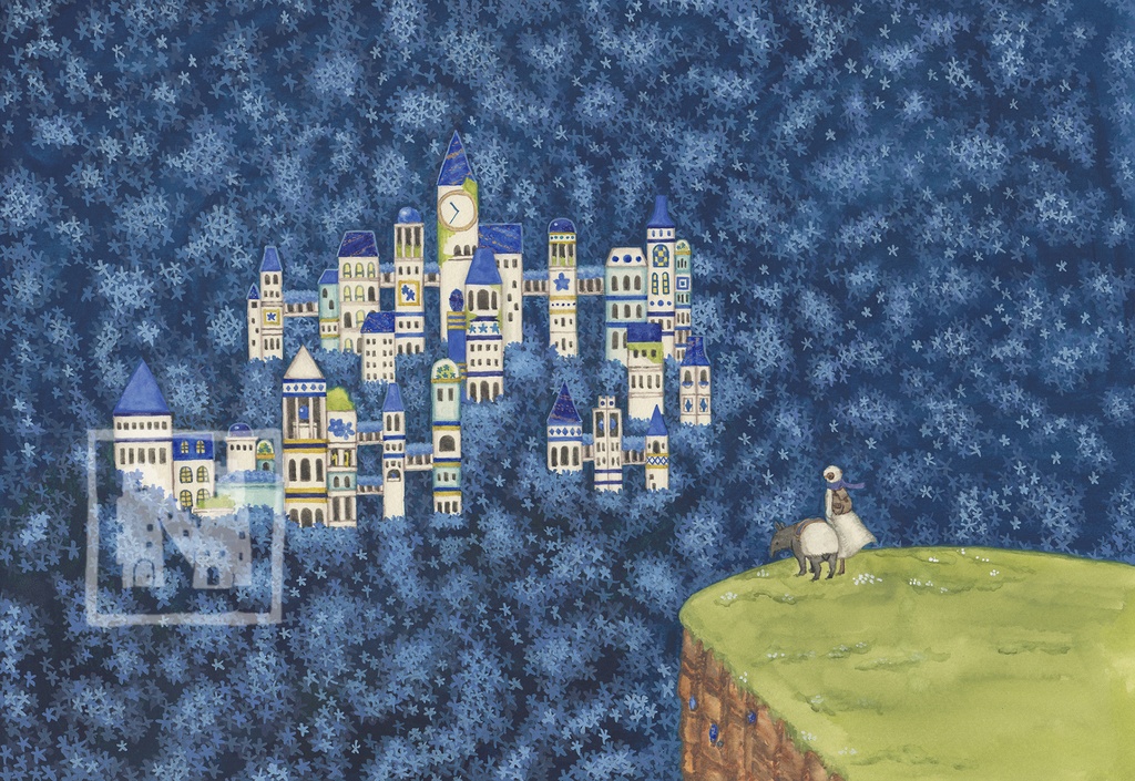 原画 勿忘草とラピスラズリの街 空想街雑貨店 Booth