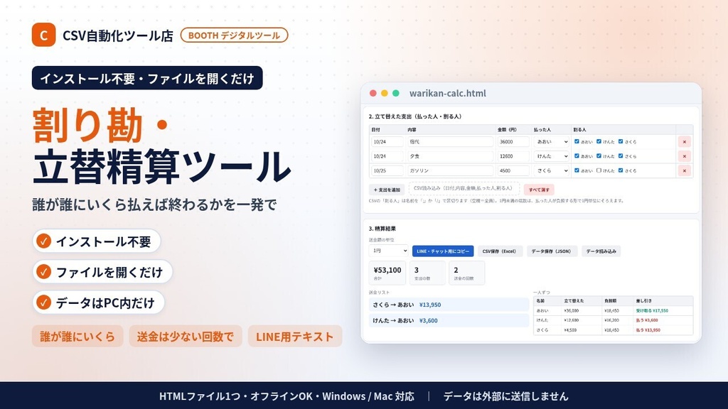 インストール不要・ファイルを開くだけ 割り勘・立替精算ツール|誰が誰にいくら・少ない送金回数・1円の端数・LINE用テキスト・CSV