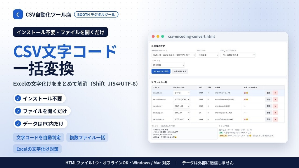 インストール不要・ファイルを開くだけ CSV文字コード一括変換|Shift_JIS⇔UTF-8(BOM付き)・Excelの文字化け対策・改行コード・ZIP保存
