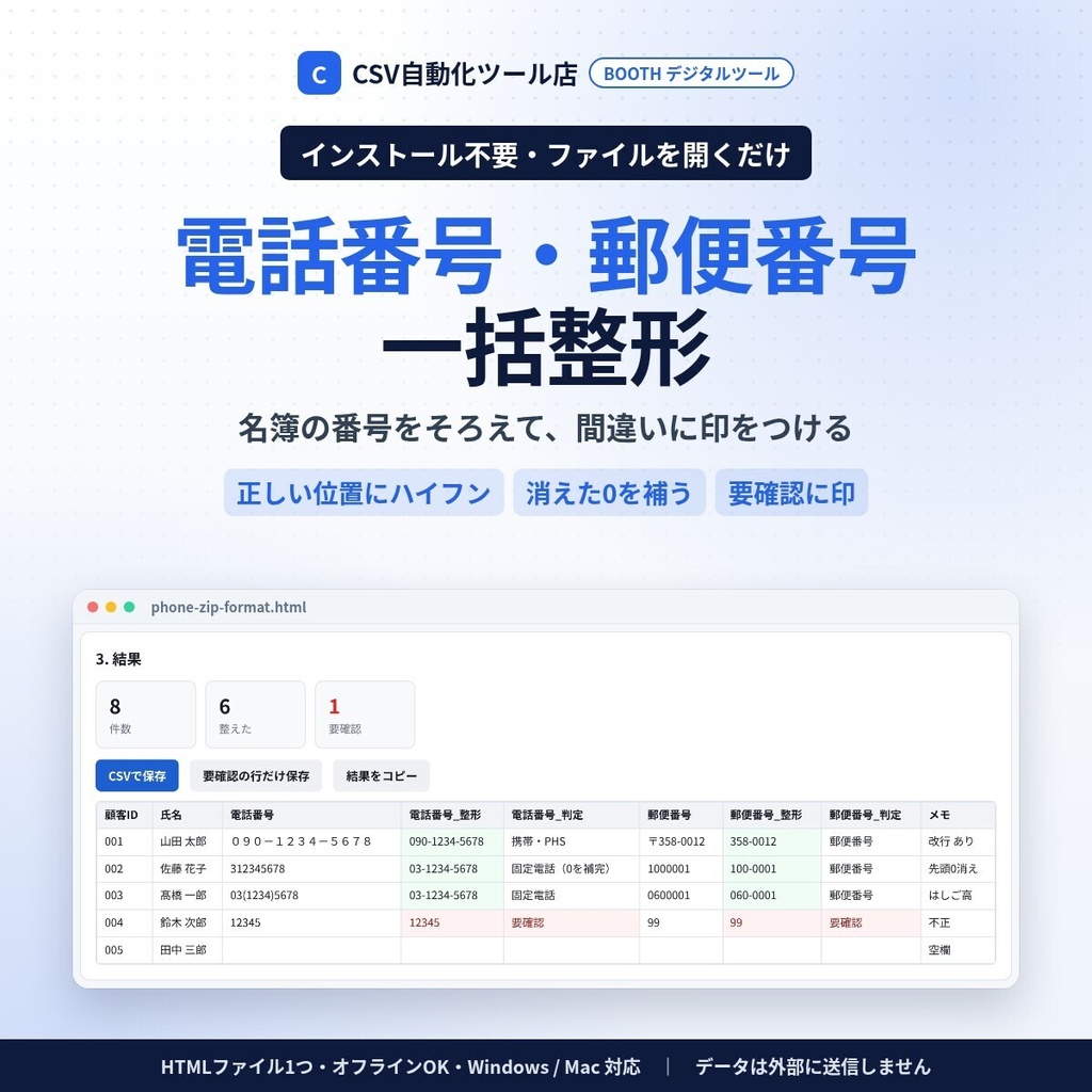 インストール不要・ファイルを開くだけ 電話番号・郵便番号 一括整形|正しい位置にハイフン・全角→半角・Excelで消えた0を補う・CSV