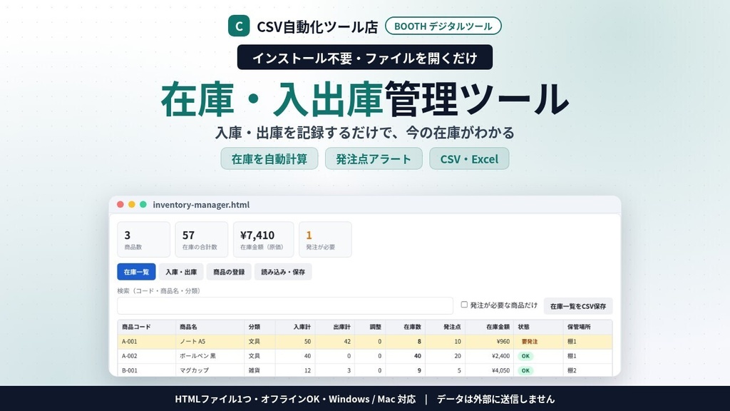 インストール不要・ファイルを開くだけ 在庫・入出庫管理|在庫数を自動計算・発注点アラート・在庫金額・月別集計・CSV(Excel)読み込み/書き出し