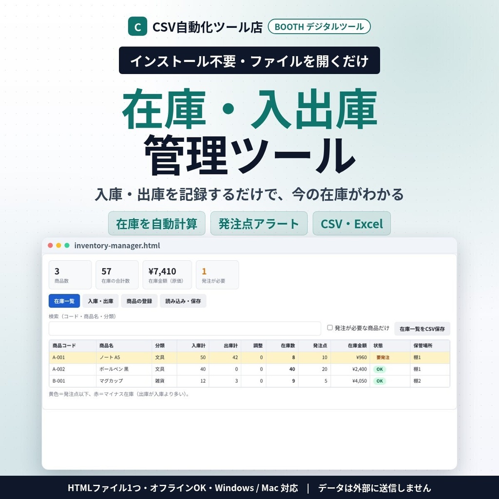 インストール不要・ファイルを開くだけ 在庫・入出庫管理｜在庫数を自動計算・発注点アラート・在庫金額・月別集計・CSV（Excel）読み込み／書き出し