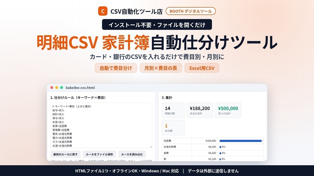 インストール不要・ファイルを開くだけ 明細CSV 家計簿 自動仕分け|クレカ・銀行のCSVを費目別・月別に集計・Excel用CSV(明細はPCの外に出ません)