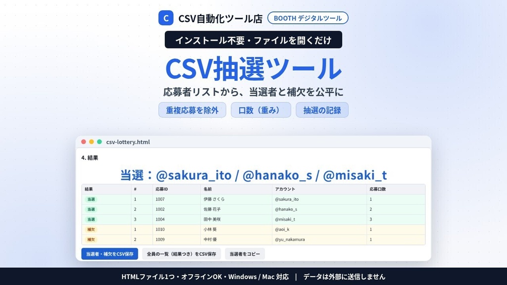 インストール不要・ファイルを開くだけ CSV抽選ツール|応募者リストから当選者・補欠をランダムに・重複応募の除外・口数(重み)・抽選記録