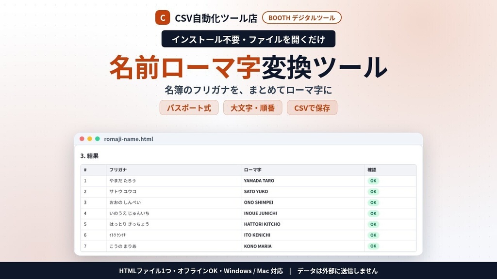 インストール不要・ファイルを開くだけ 名前ローマ字変換|名簿のフリガナを一括でパスポート式ヘボン・ヘボン式・訓令式に・大文字/姓名の順・CSV保存