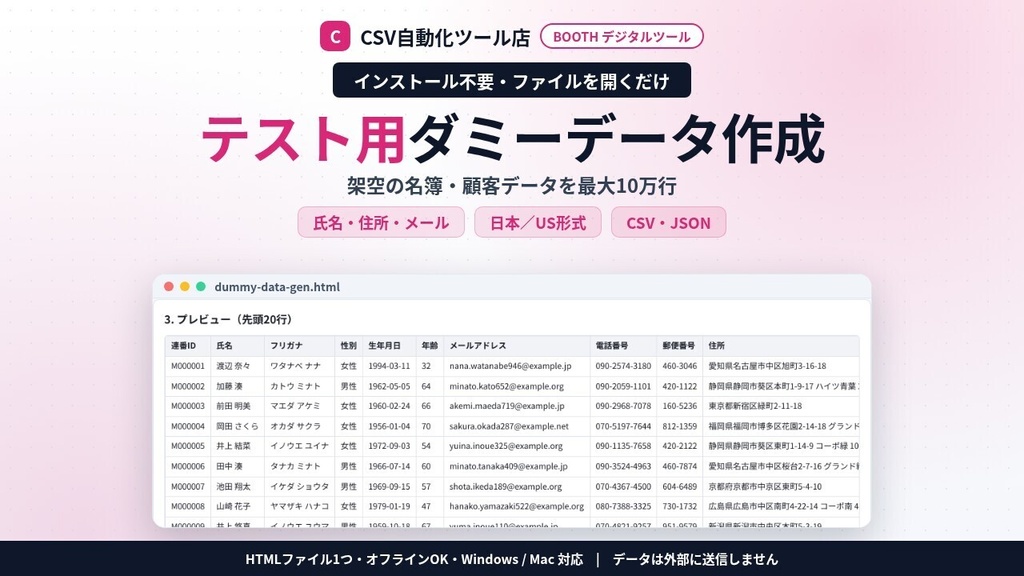 インストール不要・ファイルを開くだけ テスト用ダミーデータ作成|架空の氏名・フリガナ・住所・メール・電話・金額・日付を最大10万行・CSV/JSON保存