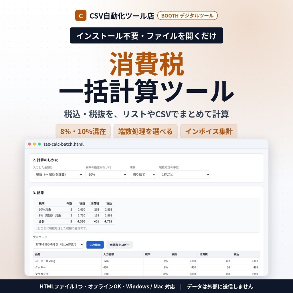 インストール不要・ファイルを開くだけ 消費税 一括計算｜税込⇔税抜・8%と10%の混在・切り捨て／四捨五入／切り上げ・インボイスの税率ごと集計・CSV（Excel）