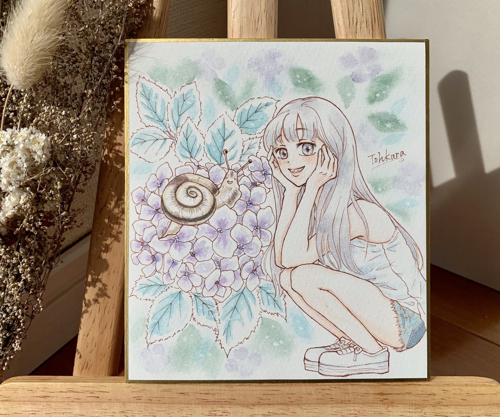 水彩イラスト原画 ミニ色紙 紫陽花と君 雪月風花 Booth