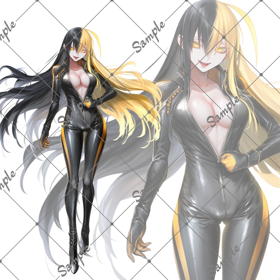 立ち絵素材No.1_黒髪_金髪_ツートンカラー_ライダースーツ_女性
