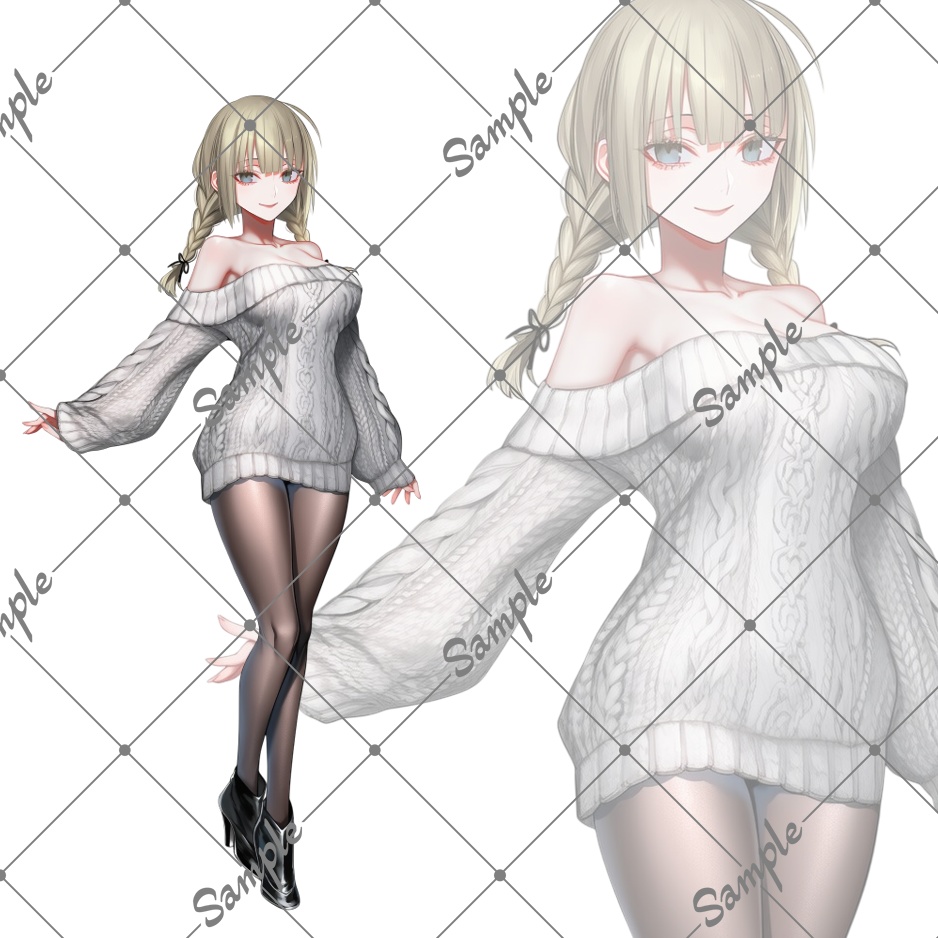立ち絵素材No.6_オフショルダーセーター_サイド三つ編み_女性