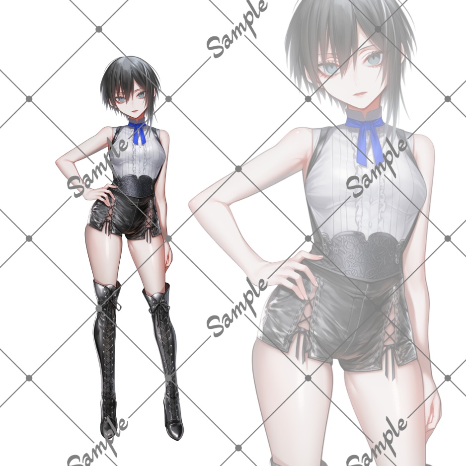 立ち絵素材No13_黒髪_アシメ_ノースリーブ_ショートパンツ_女性